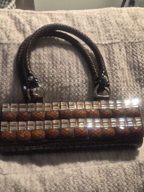 Brown Mini Handle Bag with Crystal Accents